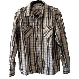 Hollywood The Jean People Gray Plaid Shirt Mens XL Patches Pockets Long Sleeves